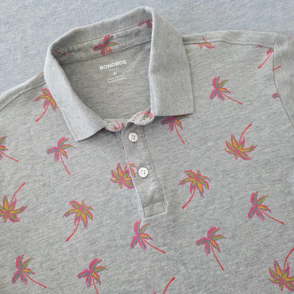 Bonobos Mens Slim Fit Grey Embroidered Palm Tree Cotton Pique Polo Shirt Size M